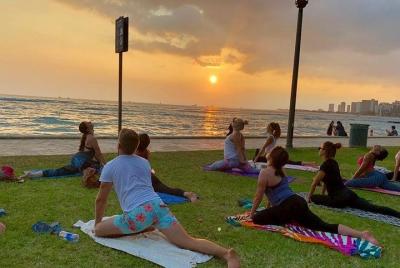 Beach Yoga on Waikiki Oceanfront with Diamondhead Backdrop