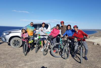 Bicycle with sea lions. Punta Loma Protected Natural Area Bicycle with sea lions. Punta Loma Protected Natural Area