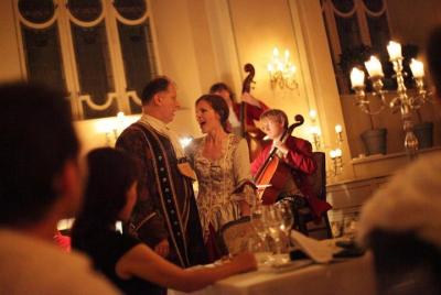Mozart Dinner Concert at the Baroque Hall of St Peter`s Abbey in  Mozart Dinner Concert at the Baroque Hall of St Peter`s Abbey in