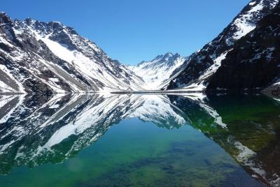 Portillo Inca Lagoon at The Andes Mountains and San Esteban Vineyard from Santiago